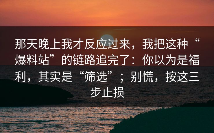 那天晚上我才反应过来，我把这种“爆料站”的链路追完了：你以为是福利，其实是“筛选”；别慌，按这三步止损